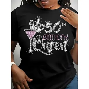 "Celebrate in Style with Our Women's 50th Birthday Queen Black T-Shirt - 190g Cotton Crew Neck Short Sleeve, Sparkling Rhinestone Martini Glass & Text Design, Perfect Birthday Party Gift, Premium Casual Look"