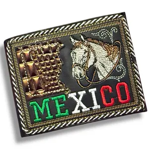 Cartera de cuero con nombre de México y Caballo bordado