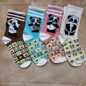 Cute Panda Pattern Crew Socks, 4 Colors, Casual Cotton Socks for Women/Girls, Novelty Animal Print Socks 
