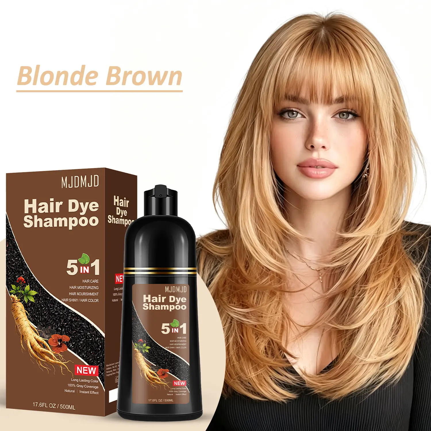 Blonde Brown Hair Dye Shampoo 5-in-1, Instant Hair Color Shampoo for Gray Coverage & Root Touch-Up, Herbal Moisturizing Hair Care Formula, Easy At-Home Semi-Permanent Hair Color for Women & Men, 500ml