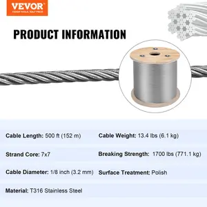 VEVOR T316 Stainless Steel Cable 1/8 7x7 Steel Wire Rope Cable 500FT Cable Railing Transport Wire Rope Cable for Railing Decking DIY Balustrade
