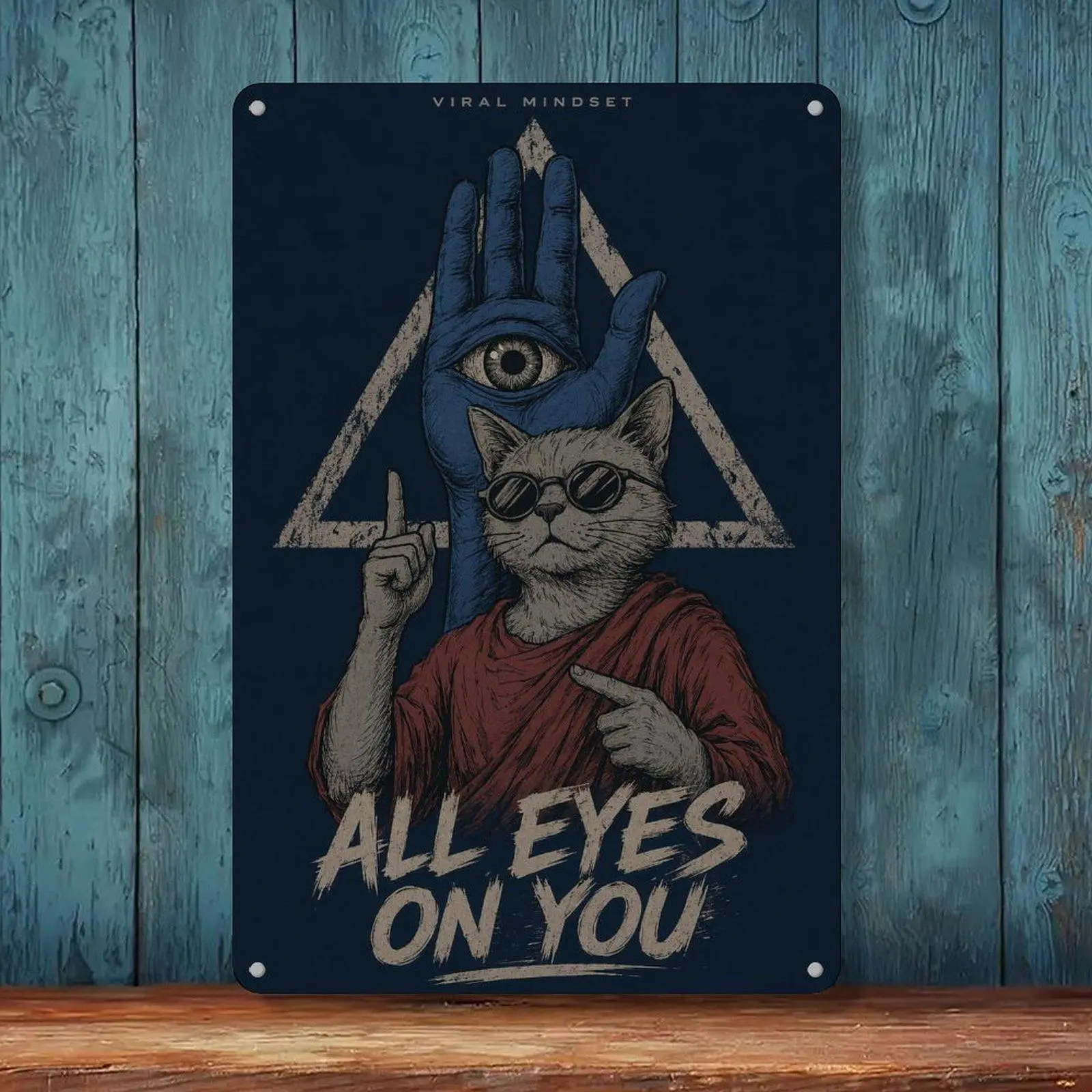8*12in Viral Mindset All Eyes On You Wise Cat All Seeing Eye Triangle Grunge Dark Metal Tin Sign, Mystic Streetwear Teen Dorm Wall Hanging Sign
