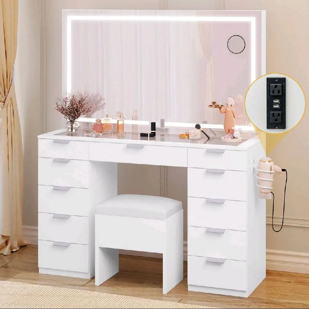 Vanity Set Led Lighted with Sliding Mirror Makeup Dressing Table 11 Drawer