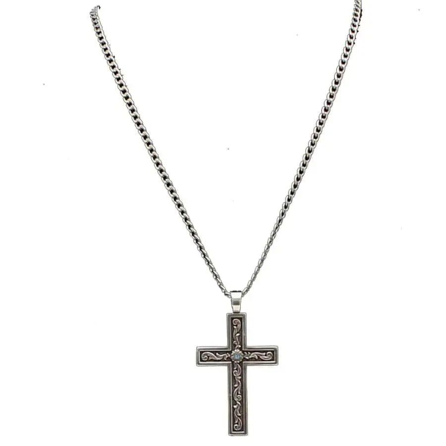 Men's Classic Western Cross Necklace with Floral Scroll, Antique Silver Finish Faith Pendant with Aqua Stone Accent on a 24-Inch Long Link Chain, Chain & Link, Flowers, Male, Silver Necklaces, Cross Pendant, Crucifix Necklaces