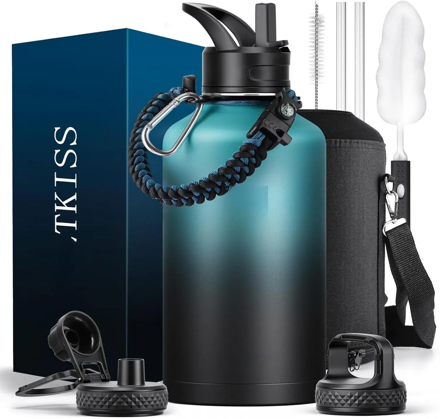 64 oz Half Gallon Water Bottle Insulated with Straw&3 Lids, Water Jug Large Stainless Steel Metal Vacuum Wide Mouth for Sports, Gym or Office, Non-BPA Keep Cold 48H Hot 24H, Indigo/Black