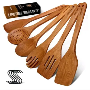 Wooden Cooking Utensils Set with Lifetime Warranty - Includes 6 Pieces: Spatula, Ladle, Fork, 6 Hooks Included, Heat Resistant