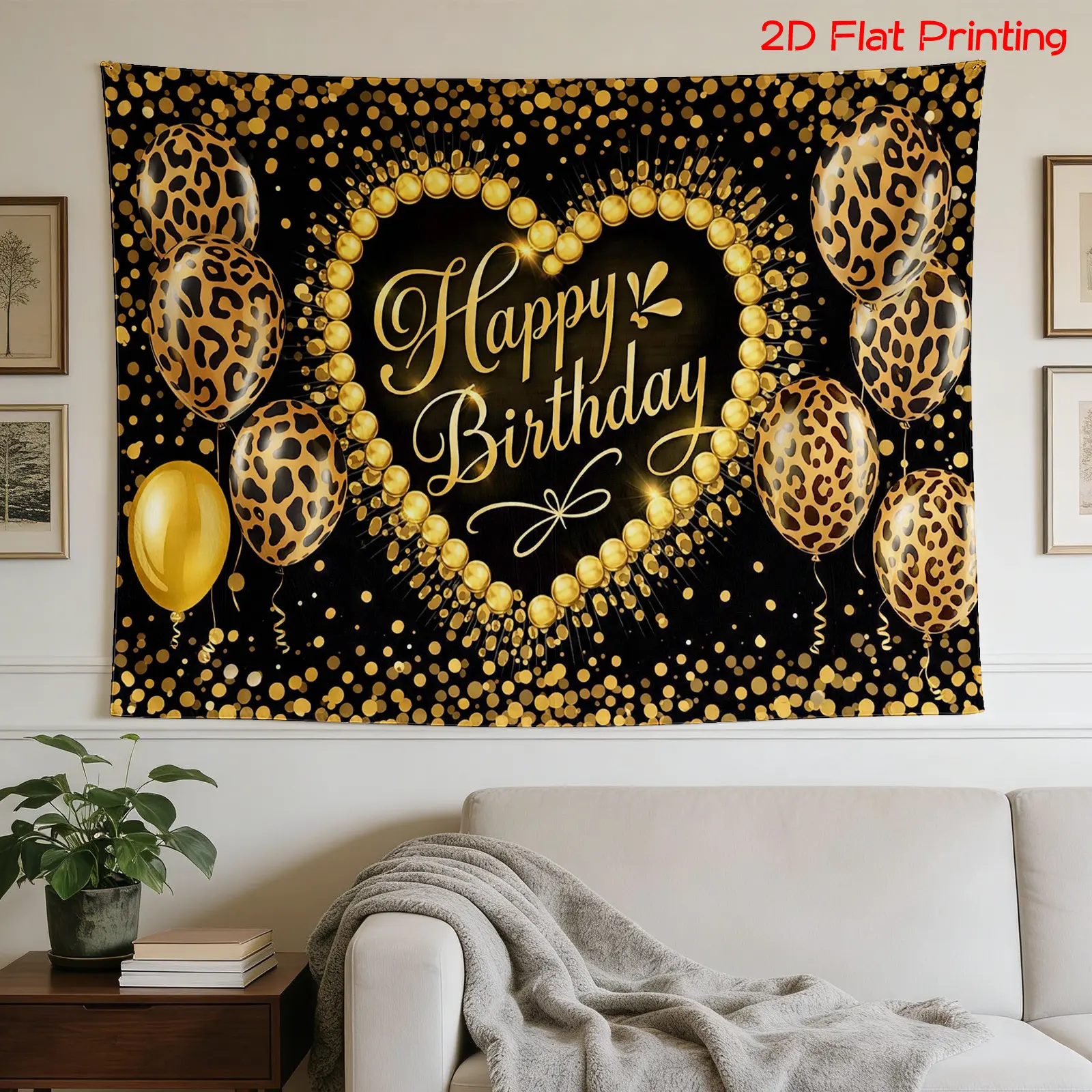 2D Flat, [2D Flat Printing] 1 High Definition Digital Print Tapestry+ Leopard Print, Golden Balloons, Birthday Celebration, Black Background+Holiday Gift, Home Decor, Party Backdrop, Landscape Wall Art, Nature-Inspired Design, Suitable for Multiple