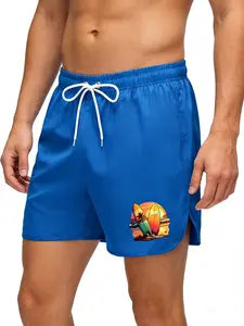 Summer Quick Dry Men's Beach Jogging Short with Phone Pocket & Towel Loop Tropical Sunset Surfboard Graphic Print Double Layer Swim Trunks Casual Sports Gym Training Shorts