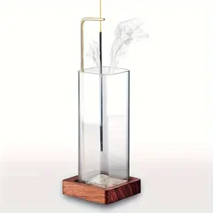 Wooden and Glass Incense Holder with Gold Accents - No Electricity Required, Safe Smoke Emission Design, Suitable for Yoga, Home Decor, Relaxation, Aroma, Modern Style, Simple Design, Durable Glass Construction, Natural Wooden F