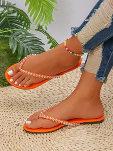 Women's Shiny Beaded Sandals, One-Step Flat Shoes, Perfect for Halloween and Christmas Parties, Low Heel Design