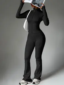 Women's Sportswear Long Sleeve Stand Collar Full Zip Waist Design High-Waisted Butt-Lifting Flare Pants, Gym Yoga Indoor Outdoor Set