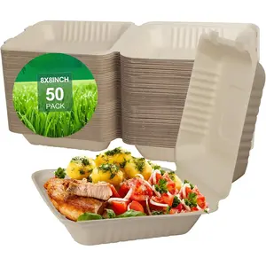50 Pack Clamshell Take Out  Containers 8x8 Inch,  Compostable To Go Containers Disposable,  Biodegradable Sugarcane To Go Boxes for , Microwave & Freezer Safe
