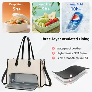 KKXIU leather Lunch Bag for Women - 15.6" Laptop Bag with Insulated Lunch Compartment, 2 in 1 Tote & Lunch Bags Combo with Large Capacity, Quilted Computer Handbag for Work, Office, Nurse, Teacher