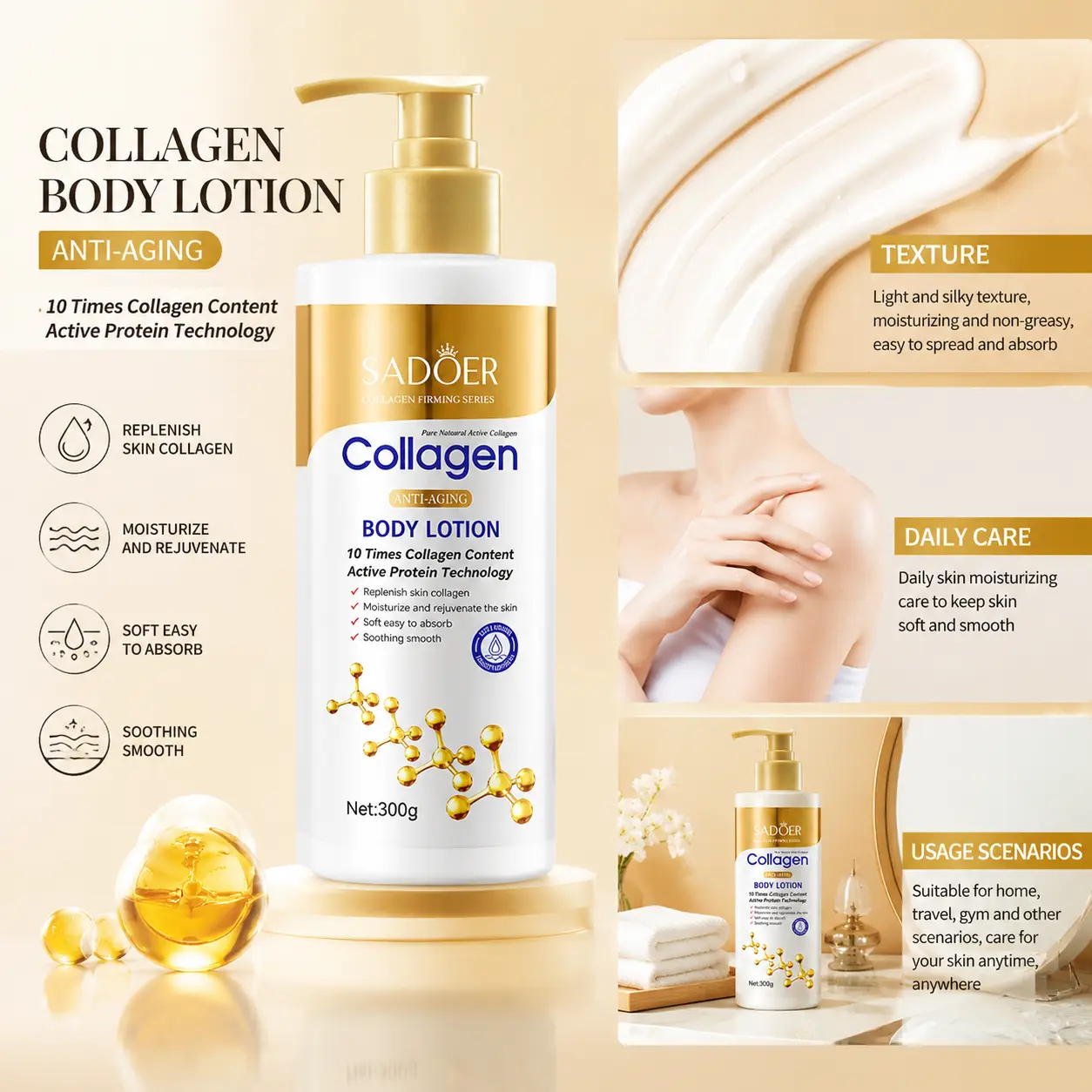 10x Collagen Anti-Aging Body Lotion - Repair, Firming & Hydrating Moisturizer for Daily Beauty Routine, 300g, Body Care, Smooth, Hydration, Unisex, Skin Rejuvenation, Apply Daily, Collagen Boost, Anti-Age, Fountain Of Youth, Firming/Lifting, Skin Revival,