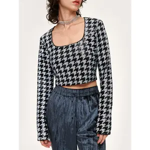 Cider [size 2-10] Talk About It Houndstooth Cropped Long Sleeve Top