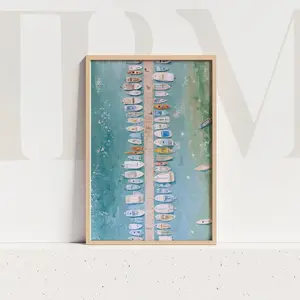 Colorful Marina Boats Print: Coastal Harbor Painting Nautical Ocean Scene Seaside Dock Illustration, Clean Look, Goes with Anything, Full Size Range, Perfect Fit for Everyone