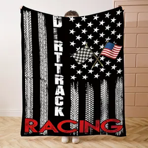 Dirt Track Racing Knitted Polyester Flannel Throw Blanket, American Flag and Checkered Flag Design, Soft Comfortable All-Season Digital Print Bed Sofa Office Camping Blanket