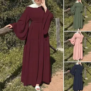 Women’s Fashion O-Neck Long-Sleeve Solid-Color Muslim Dress – Elegant, Casual, Kraft Tan Vacation Robe