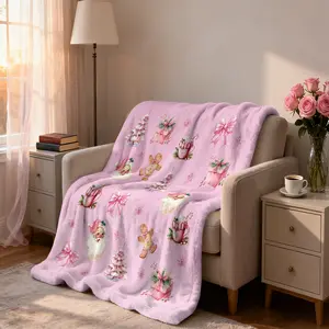1 piece foundation color Christmas fun themed blanket covered with gingerbread people, Christmas cup, gift box, pink bow print soft and comfortable bedroom for boys and girls living room sofa cover blanket camping blanket Throw Blanket