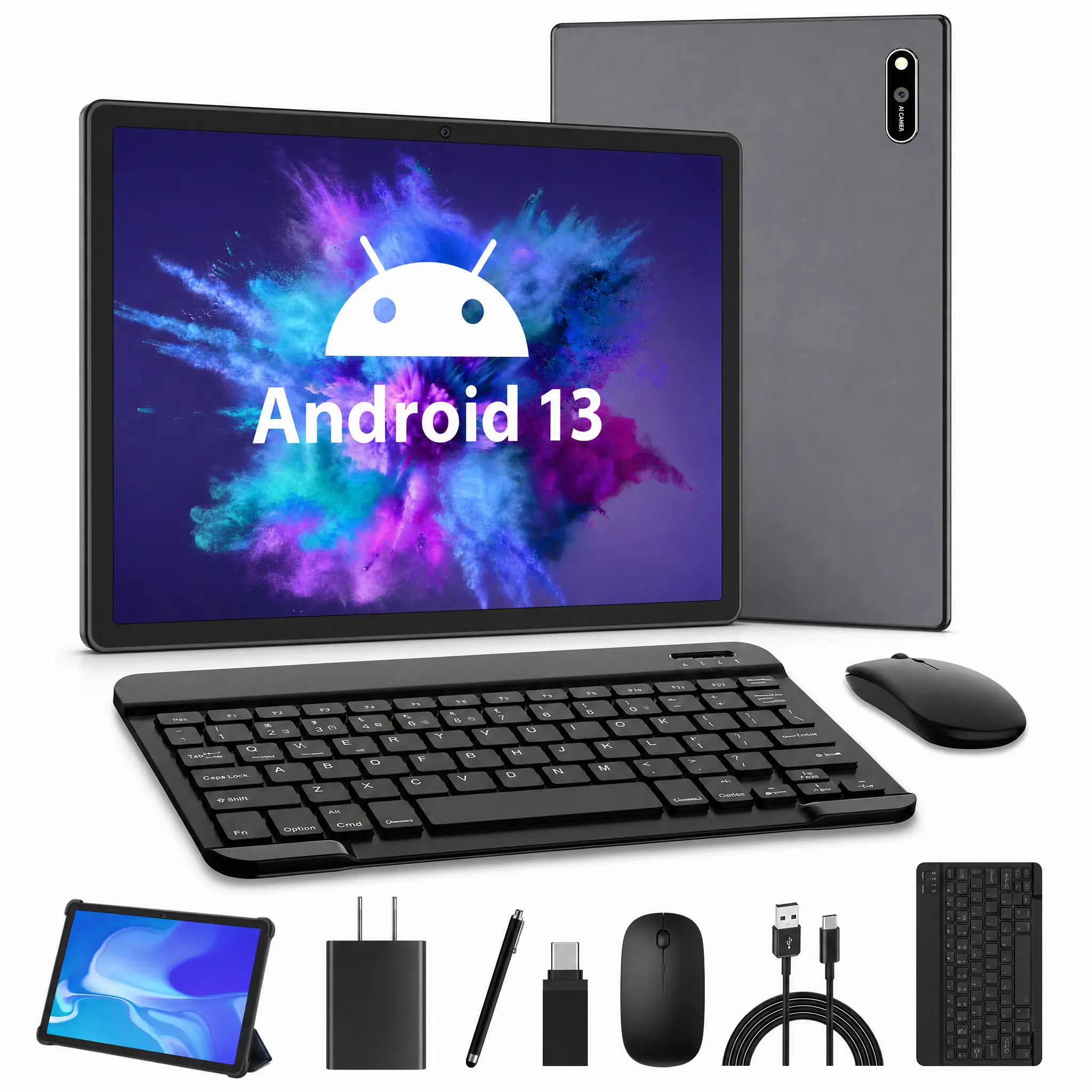 Android 13 Tablet Bundle, 10.1" IPS HD Display, 6GB Native RAM (Supporting 12GB Expand) + 128GB ROM (Up to 1TB Expandable), Quad-Core, 8000mAh Battery, Dual-Band WiFi, Keyboard, Mouse, Stylus & Case, WiFi-Only Tablet PC for Work, Study & Entertainment