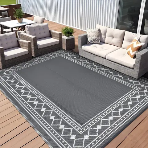 GARVEE Contemporary Decorative Rug - Plastic Woven, Waterproof, Non-Slip, Diamond Border, Reversible, Aesthetic Decorative Design Outdoor Mat for Patio, Deck to Picnic, Clean Outdoor Mat, Decorative Design Outdoor Mats