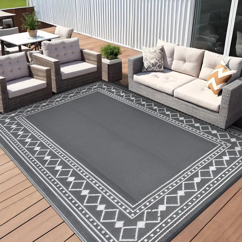 GARVEE Contemporary Decorative Rug - Plastic Woven, Waterproof, Non-Slip, Diamond Border, Reversible, Aesthetic Decorative Design Outdoor Mat for Patio, Deck to Picnic, Clean Outdoor Mat, Decorative Design Outdoor Mats