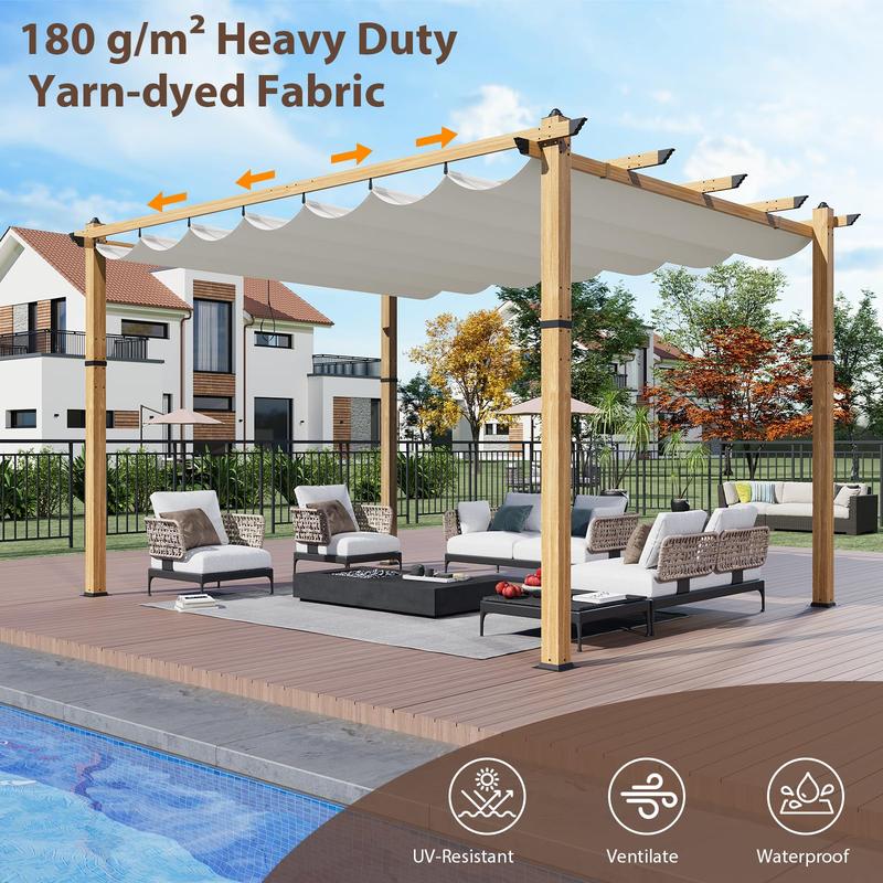 GARVEE 10' X 13' Retractable Pergola Canopy with Natural Wood Like Frame for Backyards, Gardens, Patios, Outdoor Pergola with Sun Shade Canopy,Beige