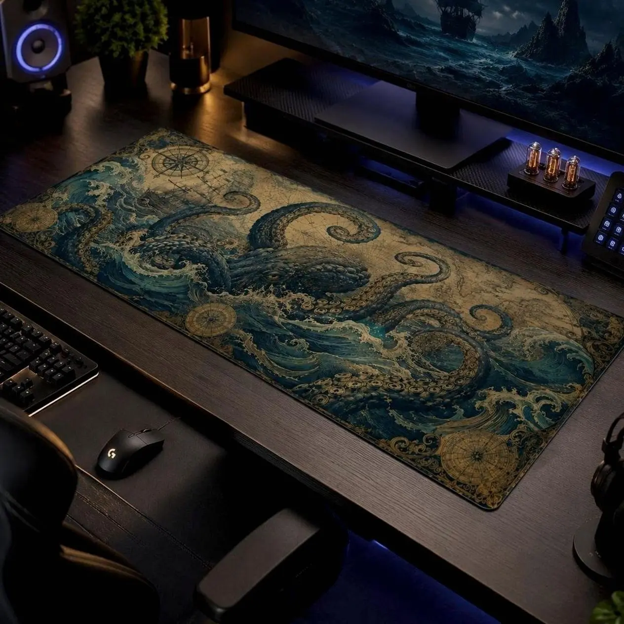 Vegan Leather Desk Mat, Vintage Kraken Map Mouse Pad, Nautical Octopus Keyboard Pad, Antique Ocean Decor, Steampunk Gamer Gift for Him