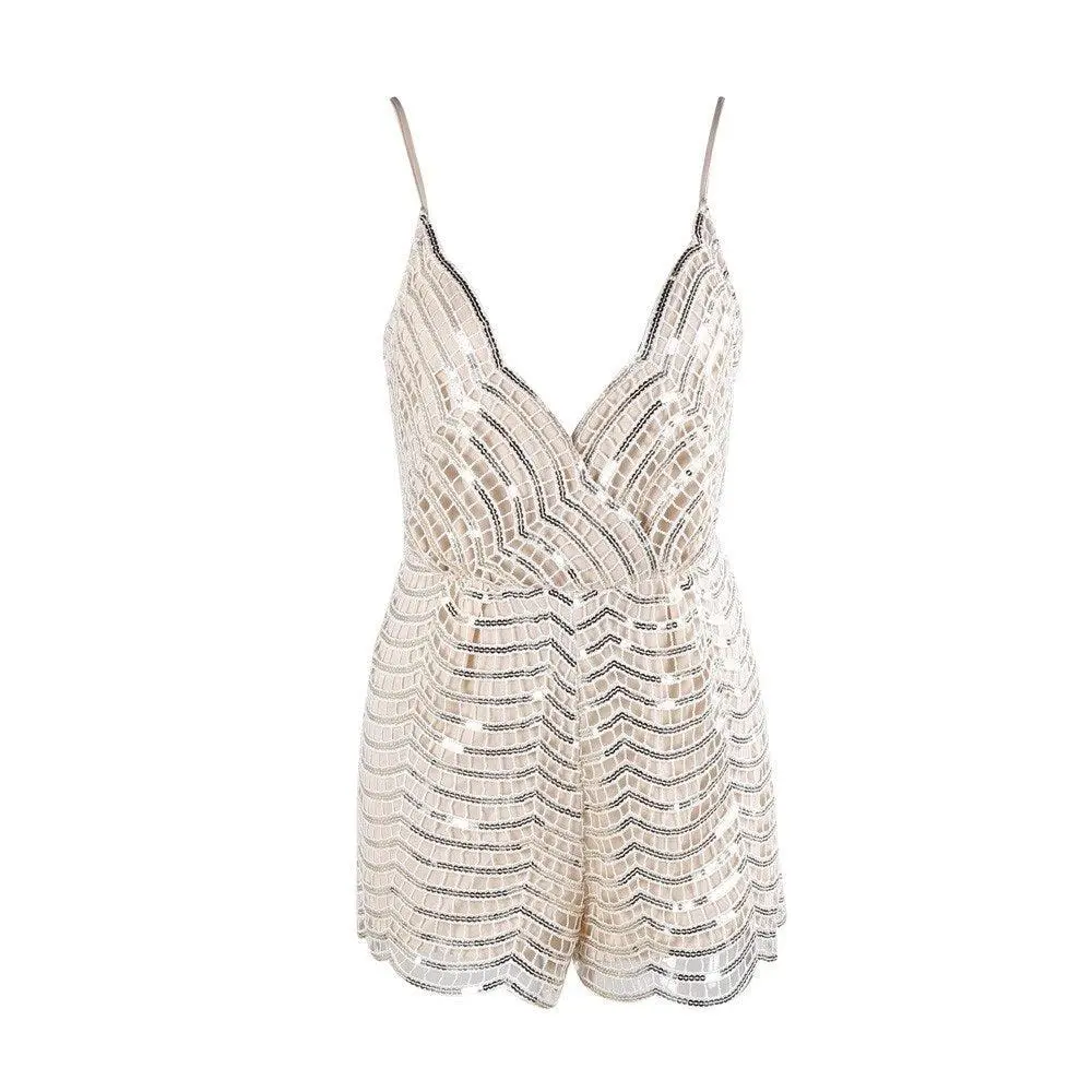 Beige Sequin Romper for Women - Perfect for Parties and Day to Night Wear - Sleeveless, Womenswear