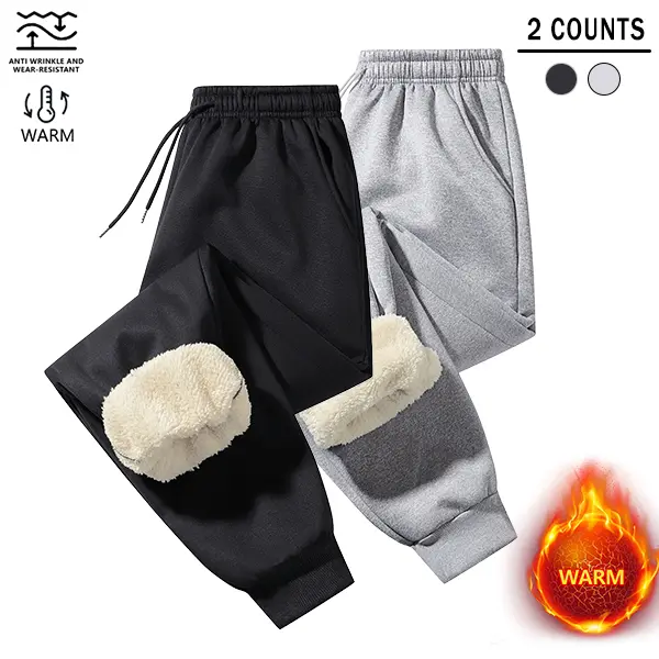 2 Pieces Men's Winter Fleece-Lined Warmth Simple Solid Color Fashion Versatile Cuffed Pants, Suitable for Outdoor Leisure and Daily Commuting