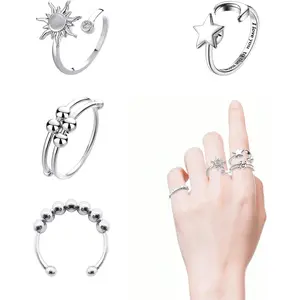 4PCS Fidget Rings for Women Adjustable Stress Relief Fidget Spinner Ring Stainless Steel Sun Moon Star Bead Rotatable Fidget Rings (Silver)