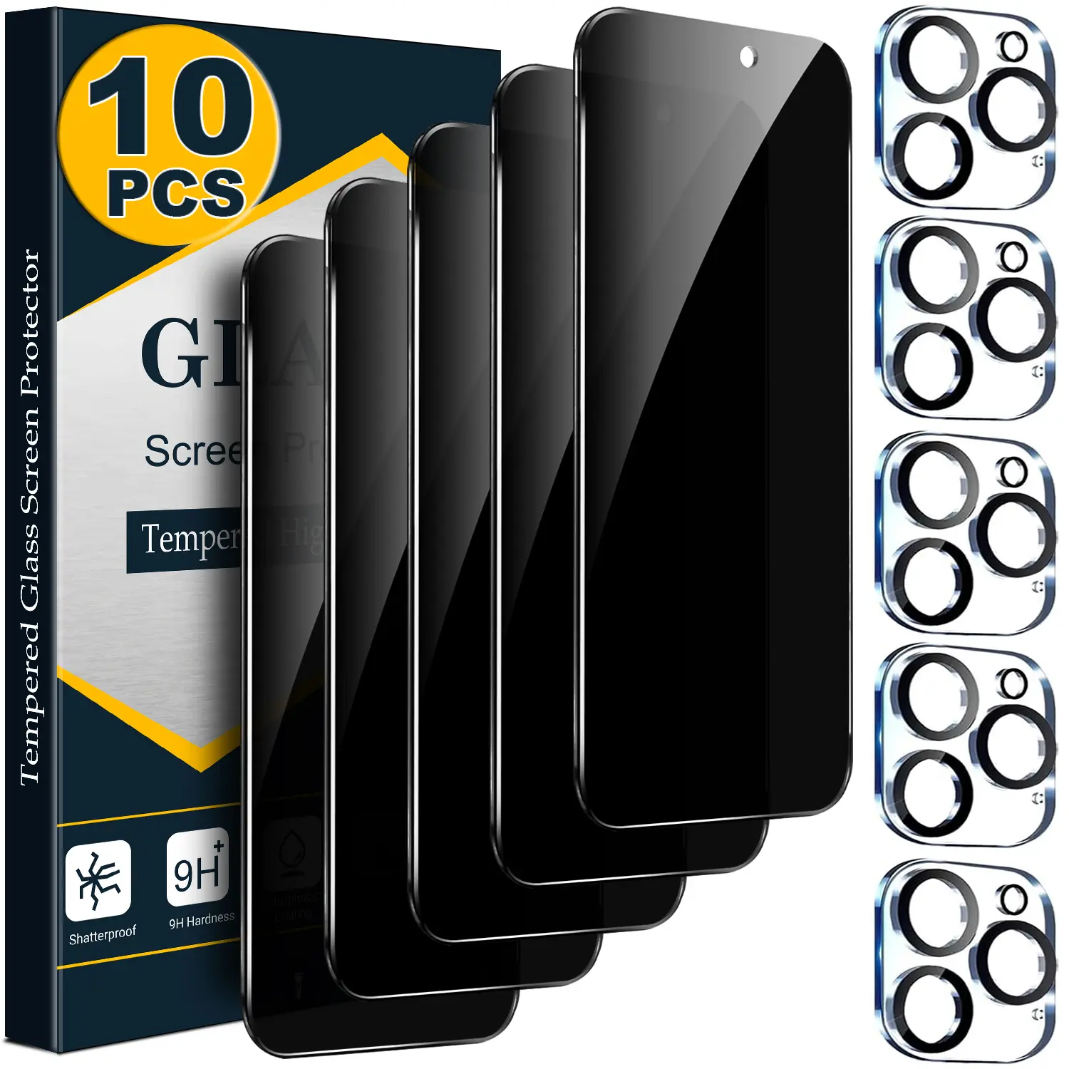 [10 PCS Set] - 5 Privacy Anti Spy Screen Protectors with 5 Camera Lens Protectors for iPhone 17 16 15 14 13 12 11 Pro Max,  Tempered Glass Film, Bubble Free, Case Friendly