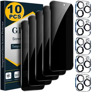 [10 PCS Set] - 5 Privacy Anti Spy Screen Protectors with 5 Camera Lens Protectors for iPhone 17 16 15 14 13 12 11 Pro Max,  Tempered Glass Film, Bubble Free, Case Friendly
