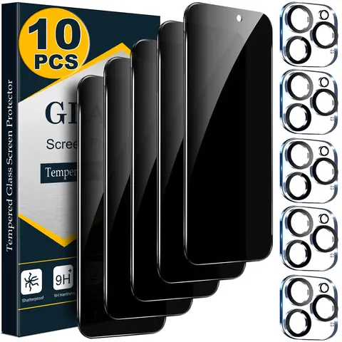 [10 PCS Set] - 5 Privacy Anti Spy Screen Protectors with 5 Camera Lens Protectors For iPhone 18 17 16 15 14 13 12 11 Pro Max Duo Plus Air, Anti Spy 9H Tempered Glass, Anti-Scratch, HD Clear Camera Protection, Case Friendly