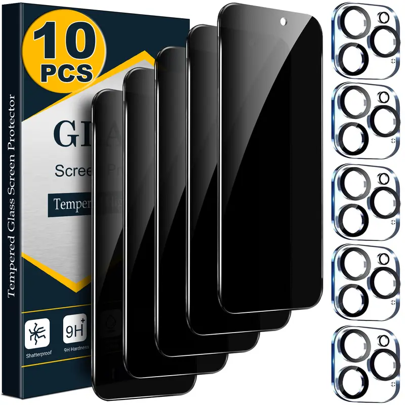 [10 PCS Set] - 5 Privacy Anti Spy Screen Protectors with 5 Camera Lens Protectors For iPhone 18 17 16 15 14 13 12 11 Pro Max Duo Plus Air, Anti Spy 9H Tempered Glass, Anti-Scratch, HD Clear Camera Protection, Case Friendly