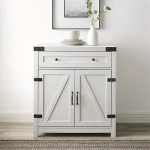 Walker Edison  30 in. Farmhouse Barn Door Accent Cabinet, Brushed White