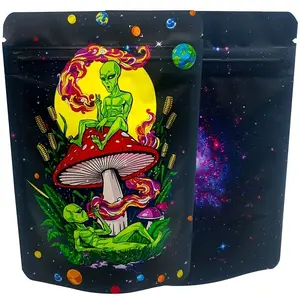Mycalite Alien Mushroom Mylar Bag - Psychedelic Smell-Proof Resealable Packaging for Herbs & Edibles 3.5g Space Design Food & Beverage Storage Bag->25 pack