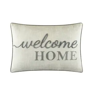 Mainstays Welcome Home Faux Linen Embroidered Pillow For Adults, Gray, 14 x 20