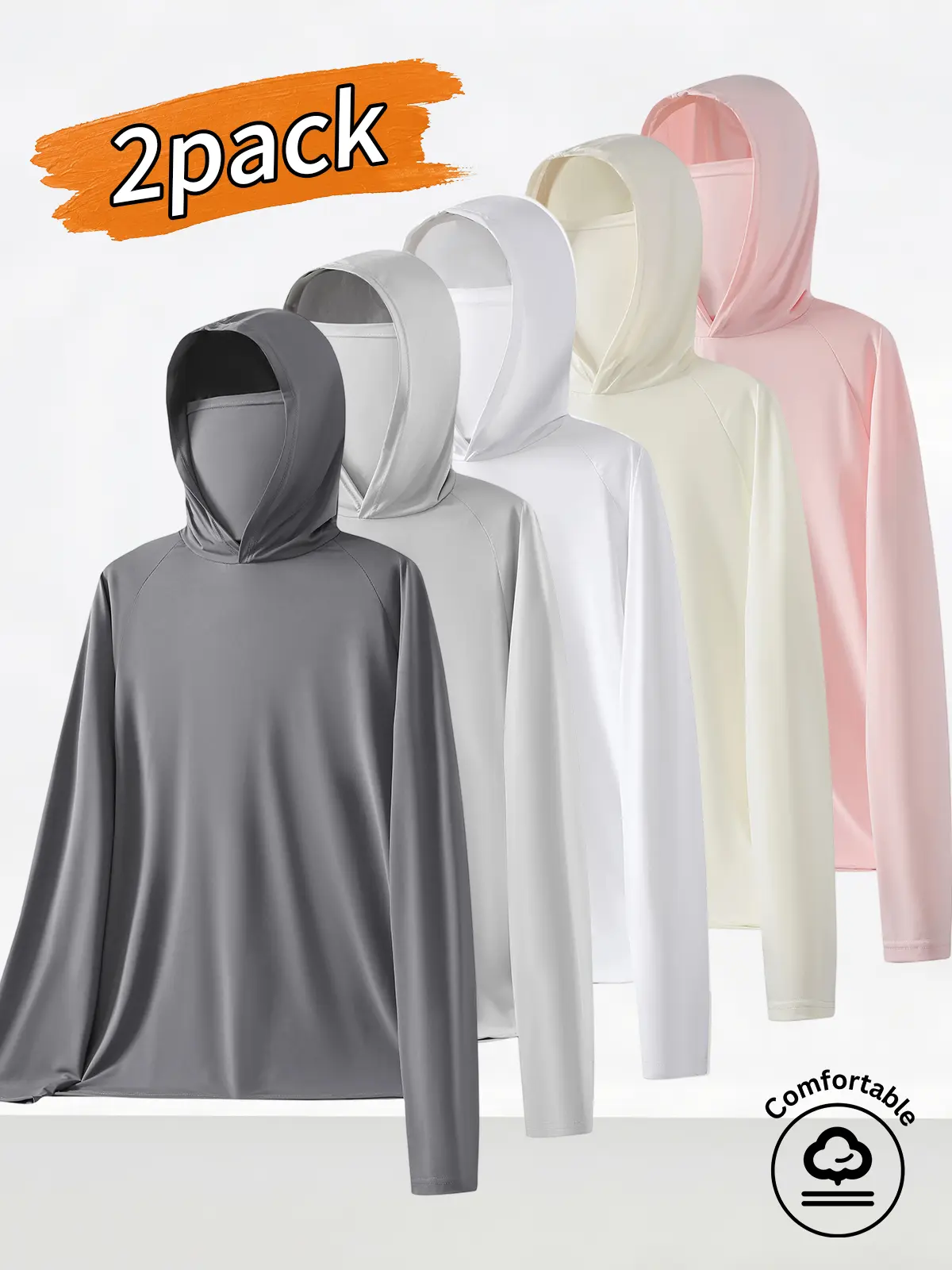2-pack men’s sun protection clothing: men’s long-sleeve sun-protective top, men’s hooded sun-protection jacket.One-piece hooded design with face mask, provides all-around coverage for the head, neck, and face, UV protection, solid color minimalist loose f