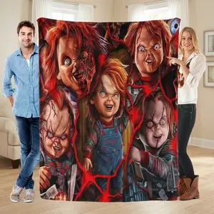 Chucky Horror Flannel Blanket, Soft Cozy Fleece Throw for Bed, Couch, or Travel, Scary Doll Collage Design, Lightweight Air-Conditioning Blanket for Horror Fans & Teens