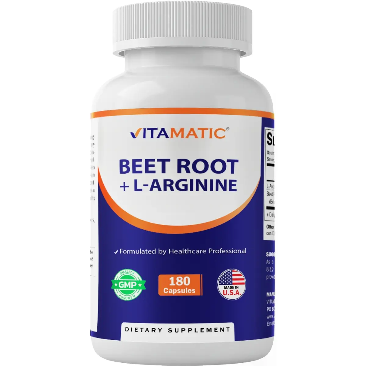 Vitamatic Beetroot Capsules for Adults - 1000 mg L-Arginine HCl, 250mg Beet Root Extract, Nitric Oxide Support, Heart Health & Circulation, Fitness, 180 Veg Caps, Non-GMO, Made in USA, Sugar-Free, Dairy-Free, Gmo Free
