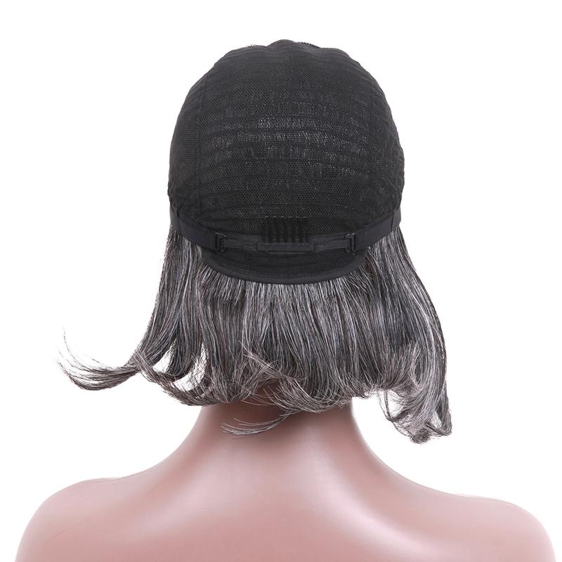 Dark Gray Ombre Layered Wigs with Curtain Bangs for Black Women Mixed Short Gray Highlight Wavy Layered Wig for White Women Black ang Grey Wavy Bob Hair for Daily Use Natural Looking Mixed Wigs for Thinning Hair Daily and Cosplay