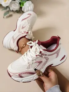 Women's Fashionable Patchwork Lace Up Platform, Casual Comfortable Breathable Athletic Lightweight Sports Shoes, All-match Round Toe Chunky Casual Sporty Sneakers for Daily Life