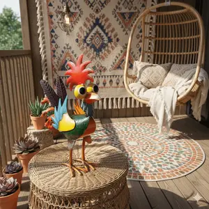 Colorful Hand-Painted Metal Rooster Garden Statue - Weather-Resistant Outdoor Chicken Yard Art, Vibrant Farmhouse Decor for Patio Lawn Backyard Courtyard