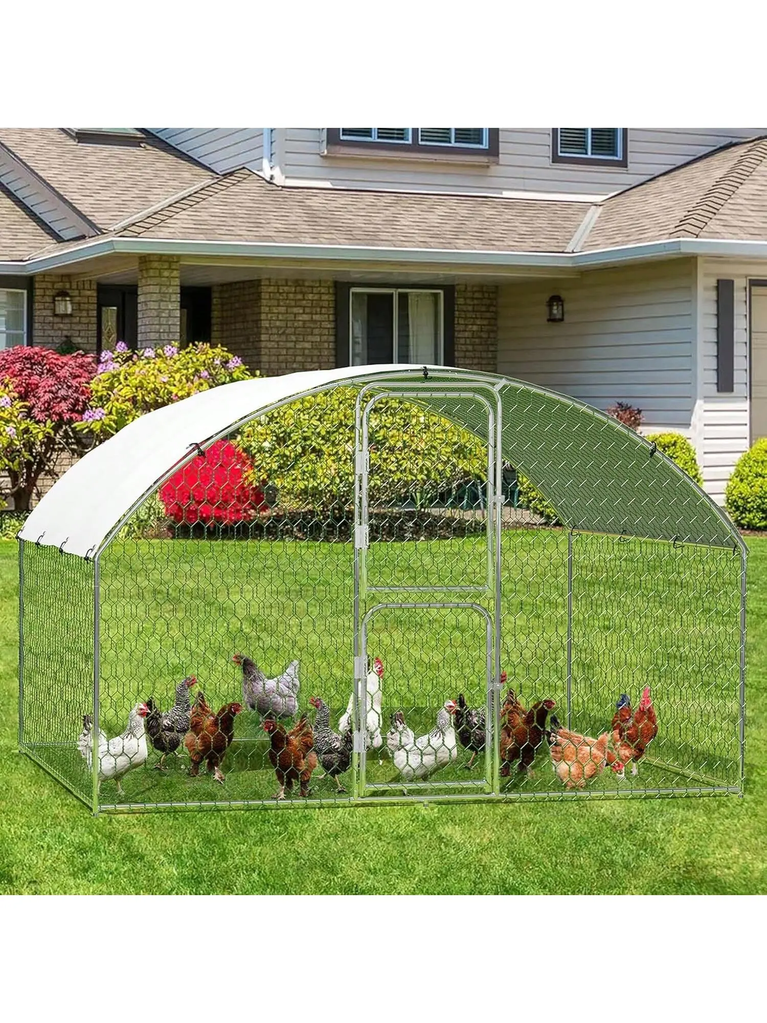 Silver-S Large Metal , Heavy Duty Chicken Pen, Walk-In Poultry Cage Hen House With Waterproof And Anti-UV Cover For Outdoor Backyard Farm Use