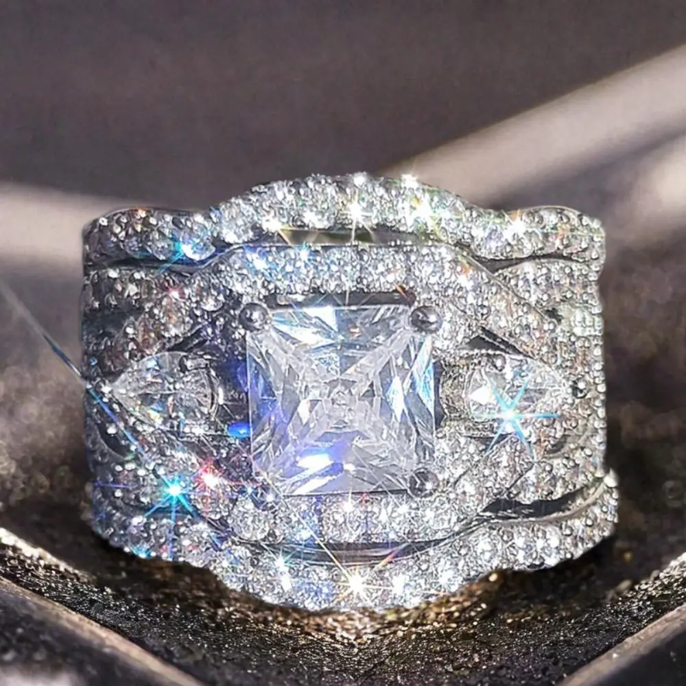 Three Piece Set Exquisite Square Water Drop Cut  Rings Couple Rings Men and Women Wedding Engagement Promise Bride Eternity Rings Anniversary Birthstone Rings Ladies Romantic Holiday Gifts Daily Casual Accessories