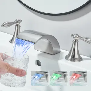 LED Bathroom Faucet 3 Hole, Brushed Nickel Waterfall Bathroom Faucets, 8 Inch Widespread Modern Bathroom Sink Faucet & Parts, Wide Spread 2 Handle Bathroom Vanity Faucet