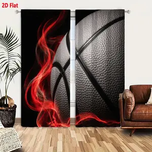 2D Flat 2-Pack Basketball Theme Textured Blackout Curtains with Fiery Red Smoke & Black Stitching, Dramatic Gray Rough Material, Dark Room Darkening Thermal Insulated Window Drapes for Bedroom Living Room
