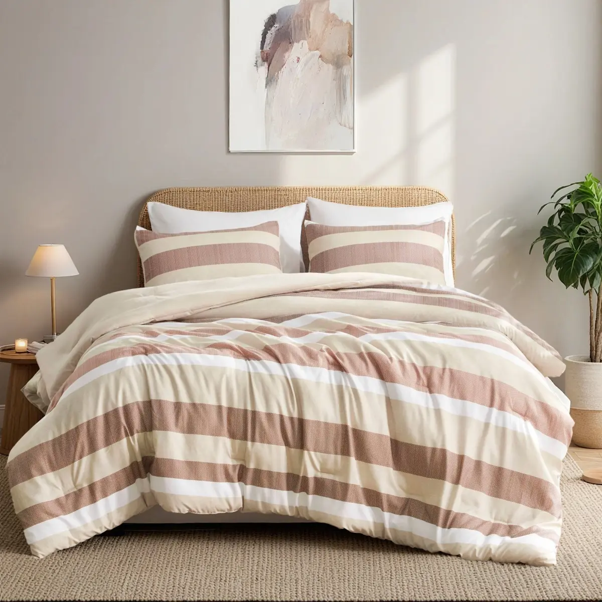 Regency Heights RH10-0012 Striped Textured Print Microfiber Bedding Set - 360-Degree Rotating Stand, Breathable, Soft, Terracotta, King, California King Sizes, Decorative Striped Bedding Set, Decorative Bedding Set