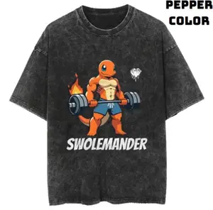 Swolemander Gym Vintage Tee, Charmander Washed T-Shirt, Pkm Graphic Tees, Unisex Anime Shirt, Gym Outfits, Menswear Womenswear Streetwear, Gift Birthday